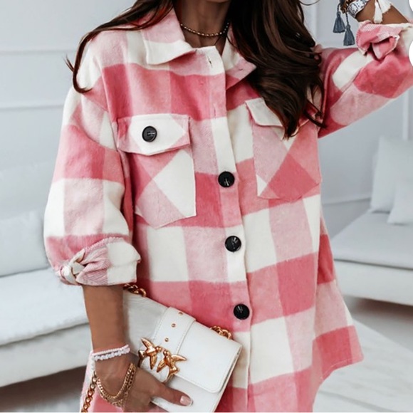 Beautiful Soft Comfy Cream Pink Plaid Checker Cozy Brush Button Pocket Shacket - Picture 2 of 8